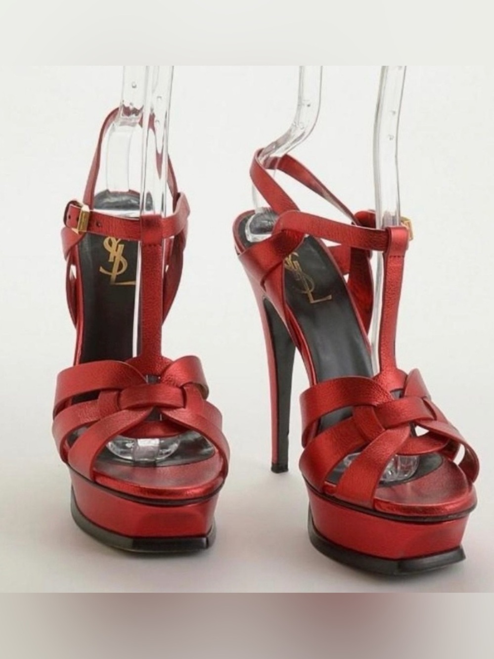 Women's YSL Fuchsia Satin TRIBUTE Platform Sandal pair.